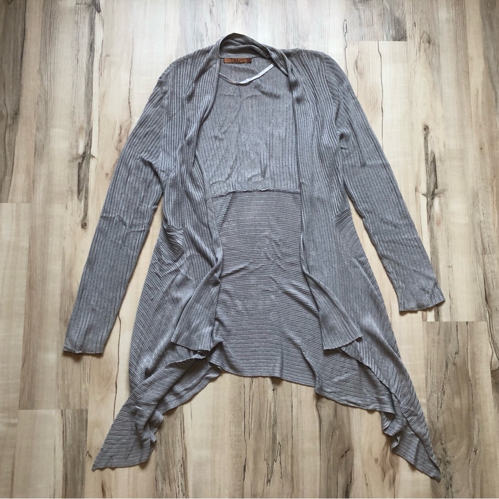 Belldini Light Gray Silver Ribbed Open-Front Waterfall Drape Cardigan